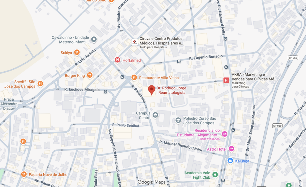 Localização do consultório Dr. Rodrigo Jorge - Reumatologista - Rua Euclídes Miragaia, 394, Sala 501, Centro, São José dos Campos - SP